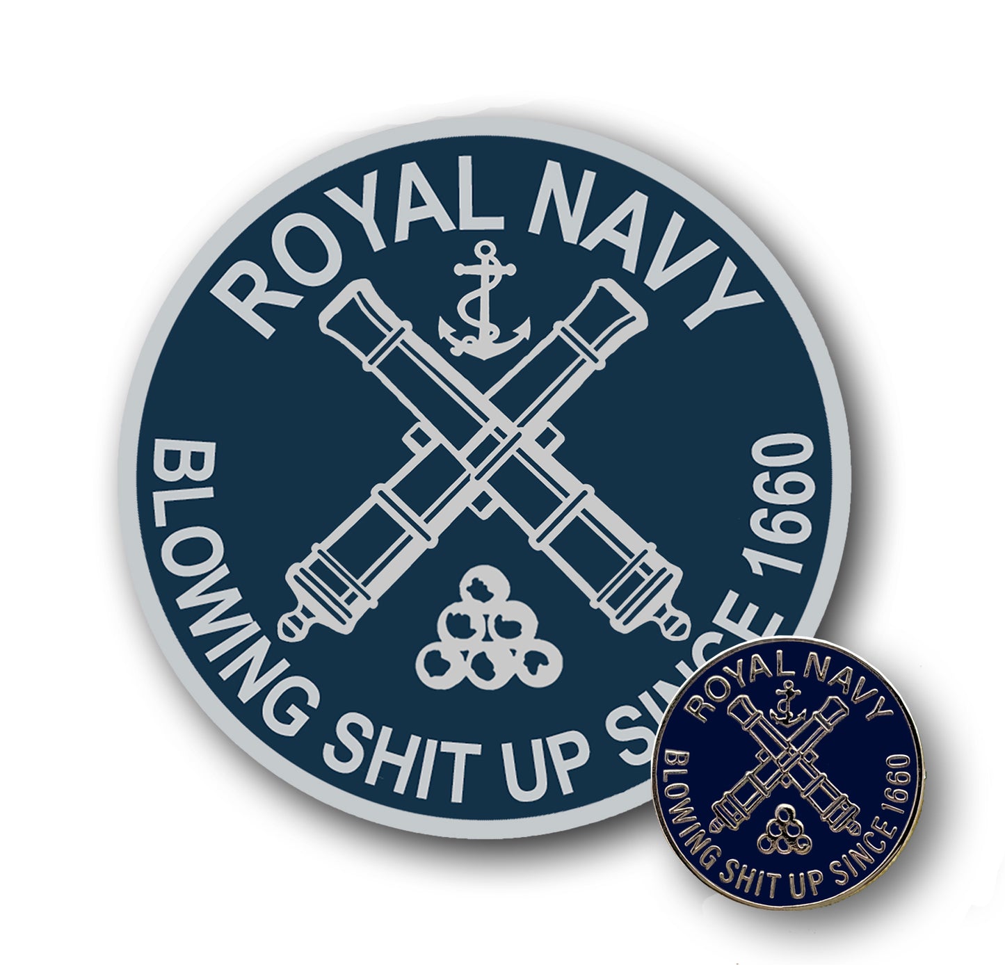Royal Navy “Blowing Sh*t Up Since 1660” Sticker & Pin Badge Bundle