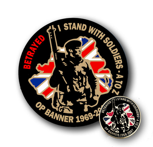 Operation Banner Veteran “Betrayed" Sticker & Pin Badge Bundle