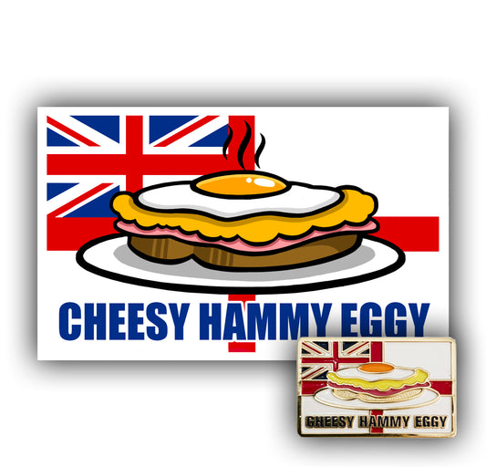 “Cheesy Hammy Eggy” Royal Navy Sticker & Pin Badge Bundle
