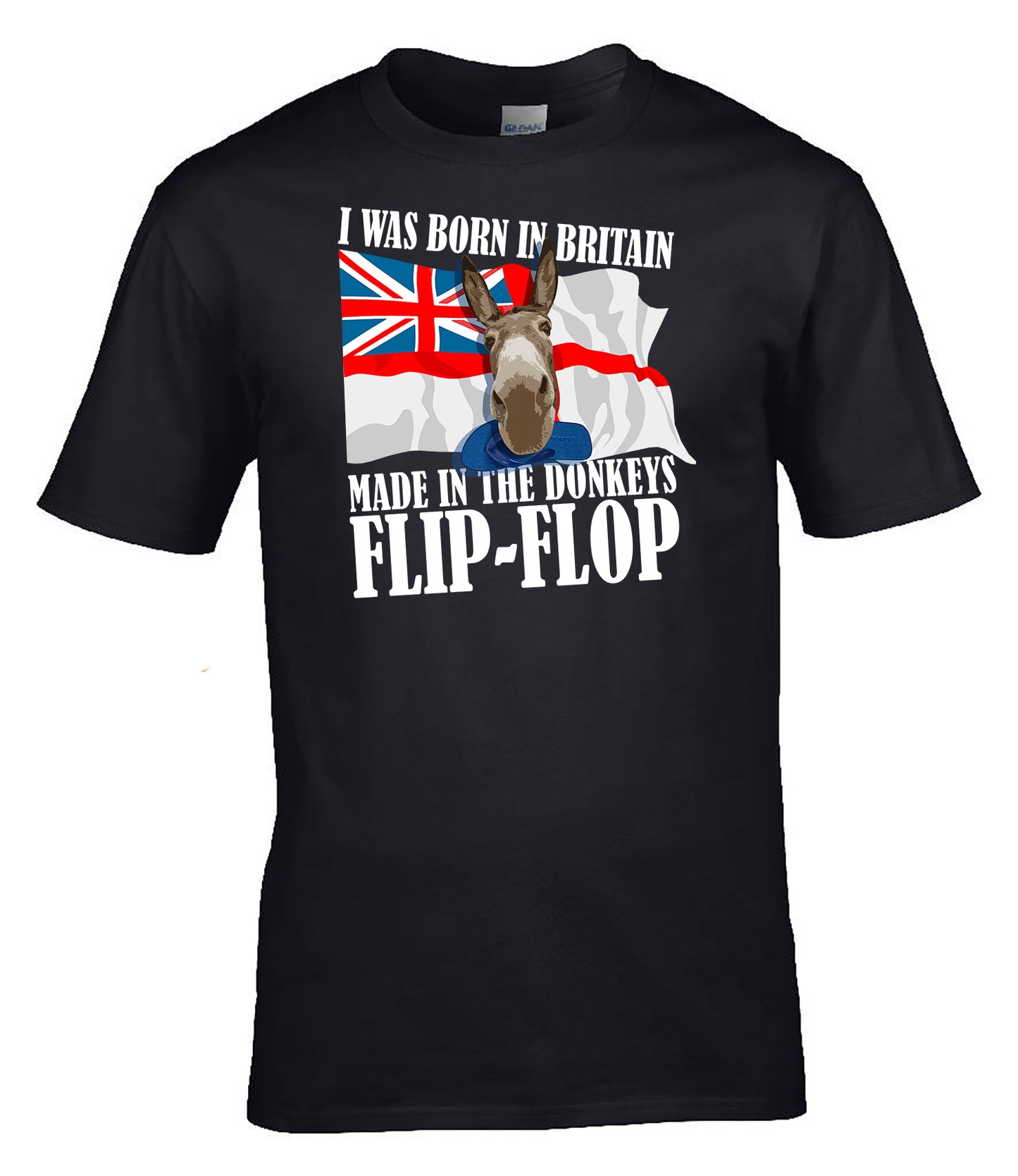 “Born in Britain, Made in the Donkeys Flip-flop, Gibraltar” T-Shirt – Royal Navy Humour Tee