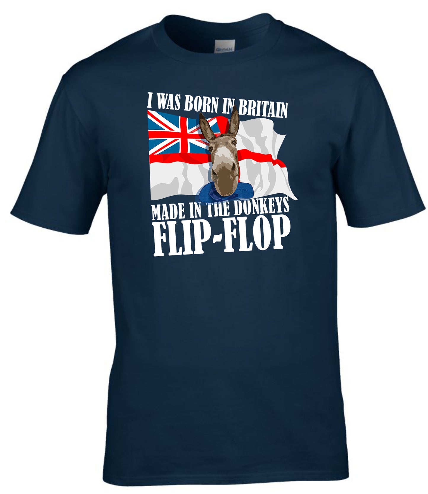 “Born in Britain, Made in the Donkeys Flip-flop, Gibraltar” T-Shirt – Royal Navy Humour Tee