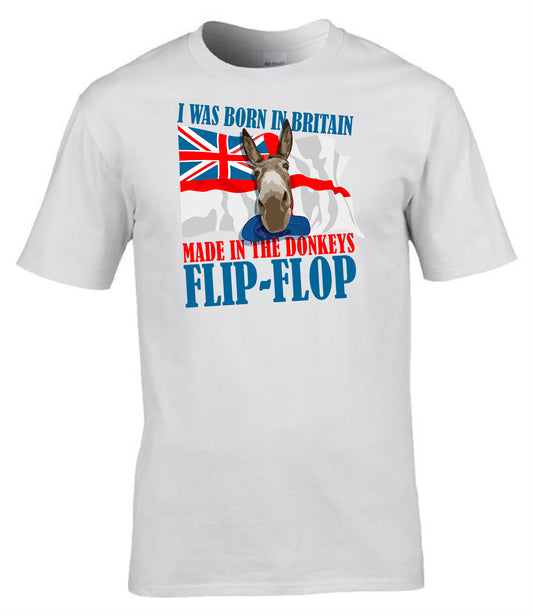 “Born in Britain, Made in the Donkeys Flip-flop, Gibraltar” T-Shirt – Royal Navy Humour Tee